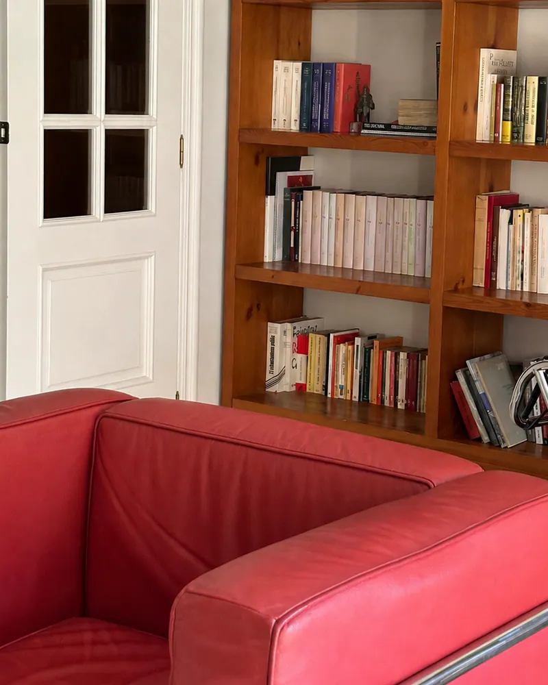 Zona de atención de la consulta en Alzira, con un sillón rojo junto a una librería